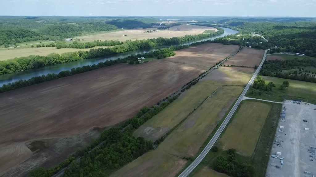 Aerial view of farmland, roads, and the Kanawha River in Putnam County