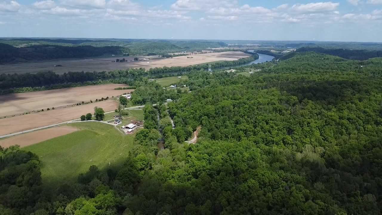 Aerial view of forest, farmland, and the Kanawha River in Putnam County