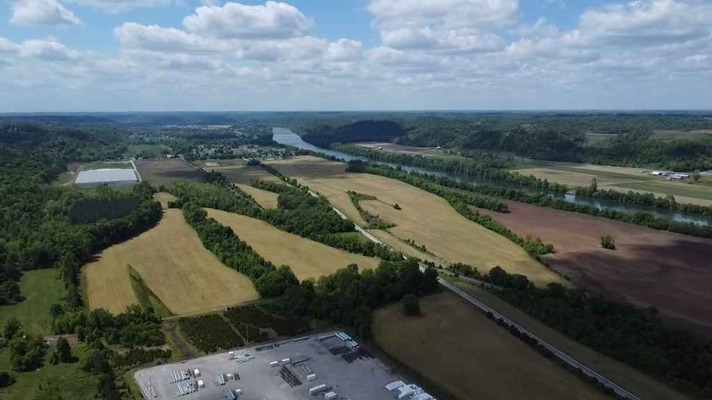 Aerial view of farmland and the Kanawha River in Putnam County